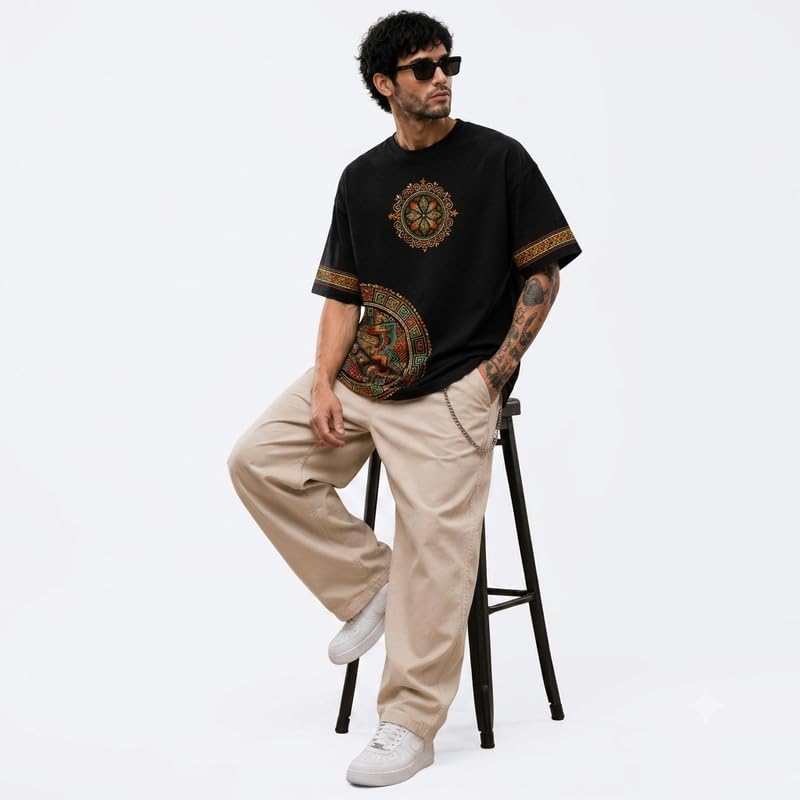 DARREN LUKE Men's Premium Oversized Graphic T-Shirt, Aztec & Mandala Tribal Art Print, Heavyweight Cotton Streetwear Tee, Casual Ethnic Pattern Crewneck