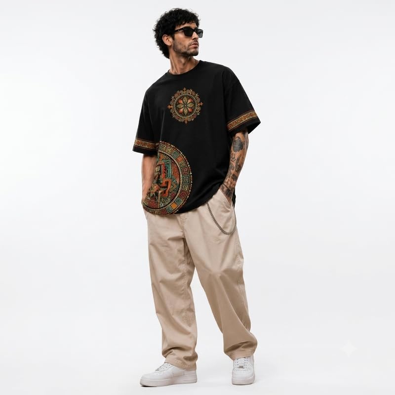 DARREN LUKE Men's Premium Oversized Graphic T-Shirt, Aztec & Mandala Tribal Art Print, Heavyweight Cotton Streetwear Tee, Casual Ethnic Pattern Crewneck