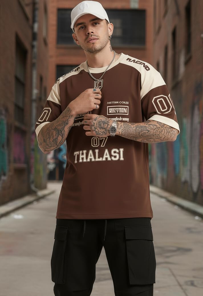 THALASI Men Cotton Jersey Aesthetic Oversized T shirts for Men | Sports Jerseys T-shirts & Half Sleeve Round Neck Printed Tshirt for Mens - Down Shoulder Loose & Baggy Fit Korean T shirt for Man & Boy