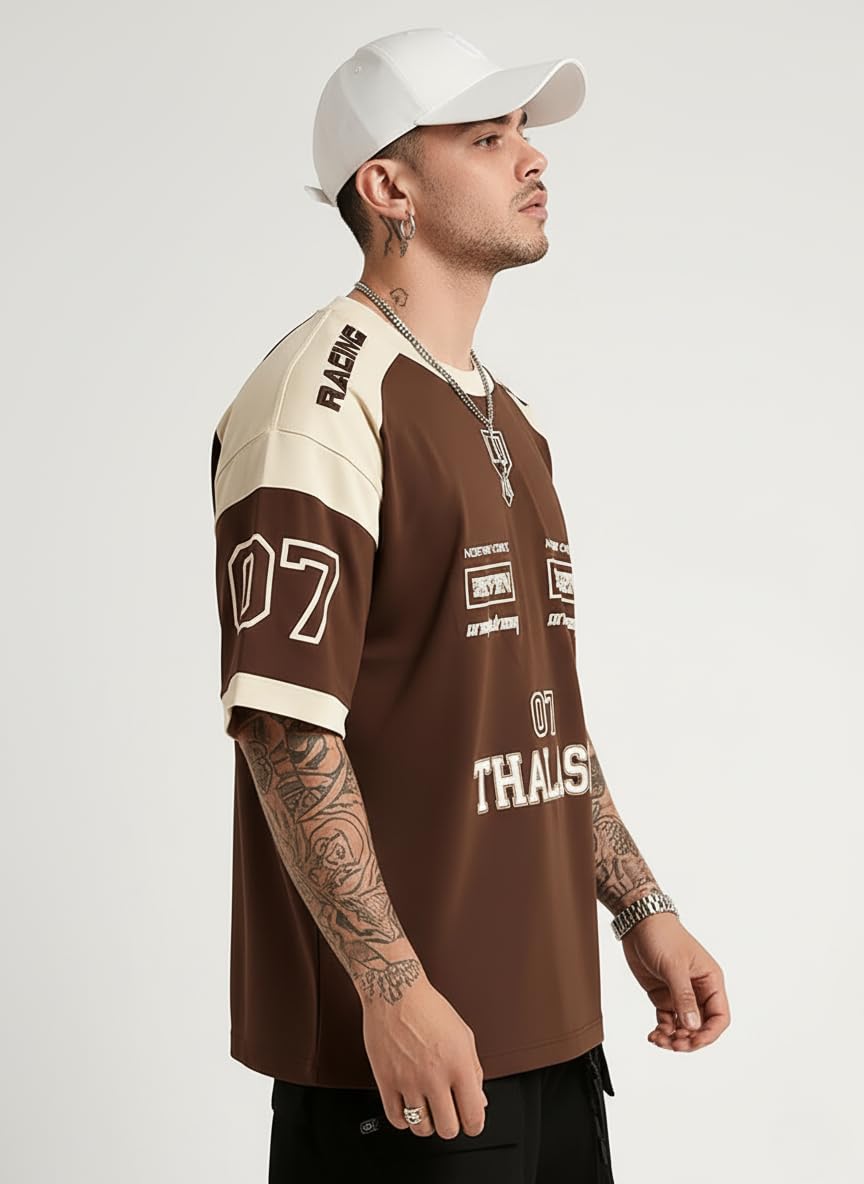 THALASI Men Cotton Jersey Aesthetic Oversized T shirts for Men | Sports Jerseys T-shirts & Half Sleeve Round Neck Printed Tshirt for Mens - Down Shoulder Loose & Baggy Fit Korean T shirt for Man & Boy