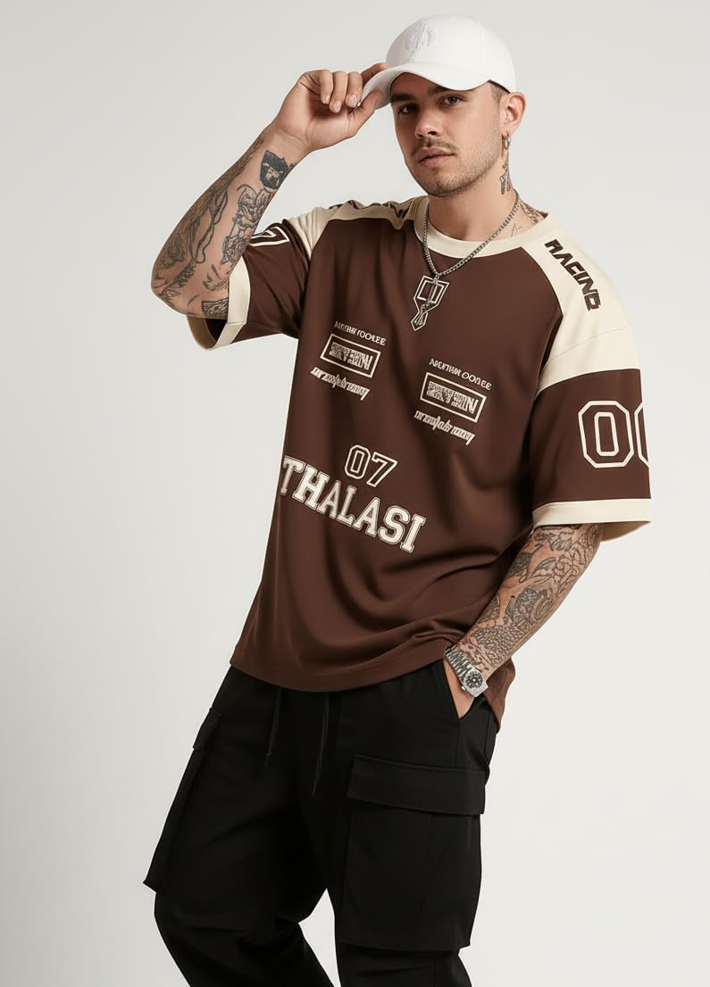 THALASI Men Cotton Jersey Aesthetic Oversized T shirts for Men | Sports Jerseys T-shirts & Half Sleeve Round Neck Printed Tshirt for Mens - Down Shoulder Loose & Baggy Fit Korean T shirt for Man & Boy