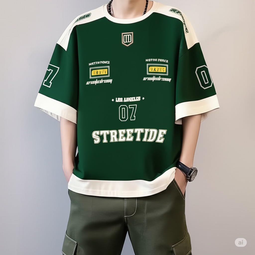THALASI Men Cotton Jersey Aesthetic Oversized T shirts for Men | Sports Jerseys T-shirts & Half Sleeve Round Neck Printed Tshirt for Mens - Down Shoulder Loose & Baggy Fit Korean T shirt for Man & Boy