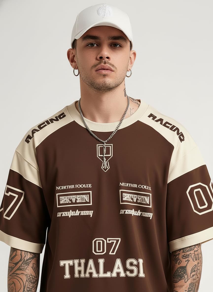 THALASI Men Cotton Jersey Aesthetic Oversized T shirts for Men | Sports Jerseys T-shirts & Half Sleeve Round Neck Printed Tshirt for Mens - Down Shoulder Loose & Baggy Fit Korean T shirt for Man & Boy