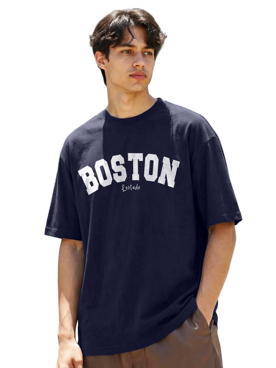 LEOTUDE Men's Half Sleeve Round Neck Cottonblend Graphic Print Oversized
