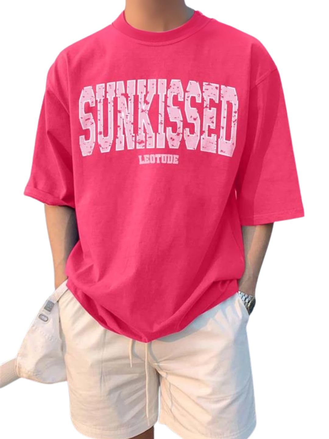 LEOTUDE Men's Half Sleeve Round Neck Cottonblend Graphic Print Oversized