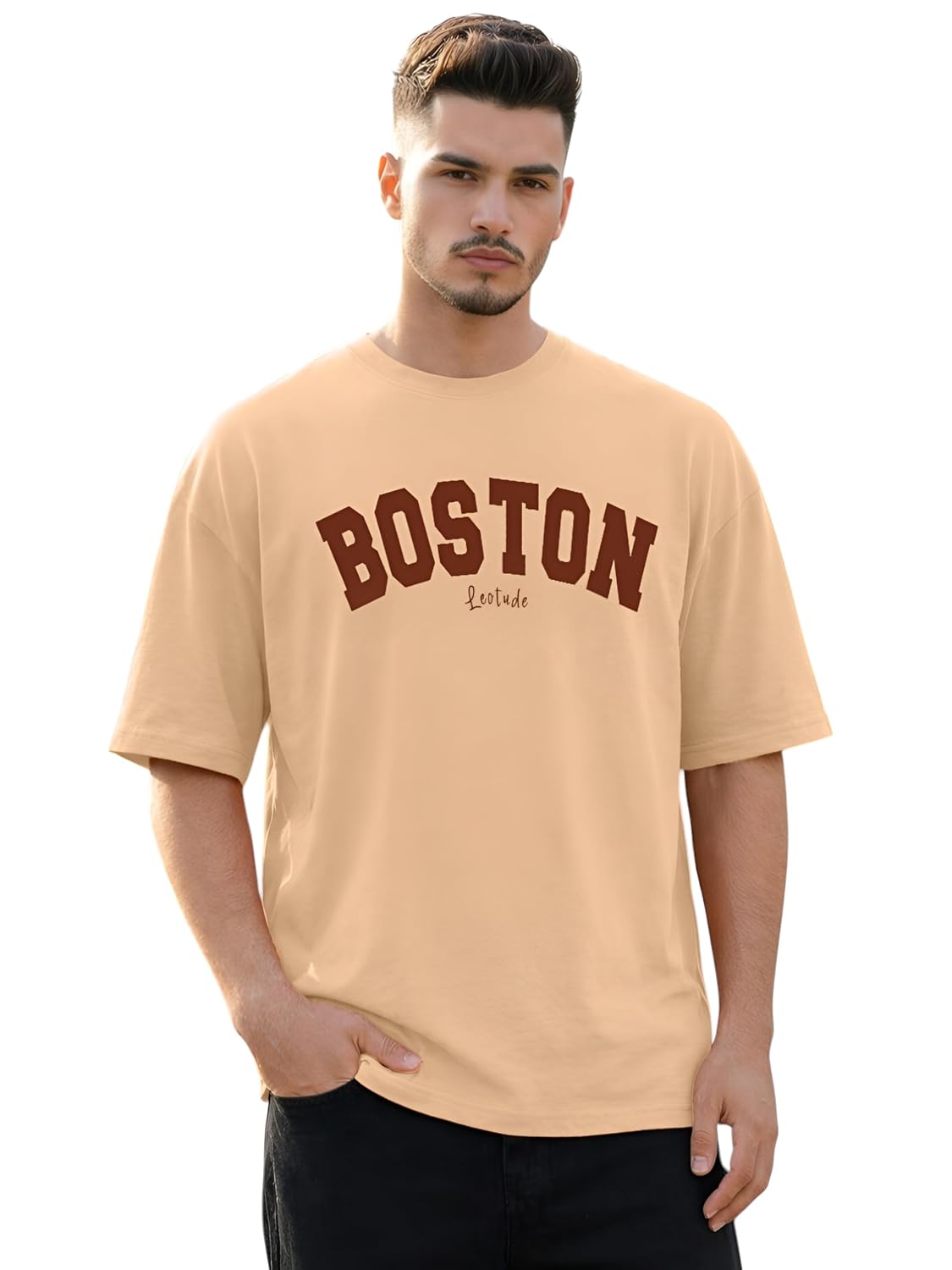 LEOTUDE Men's Half Sleeve Round Neck Cottonblend Graphic Print Oversized