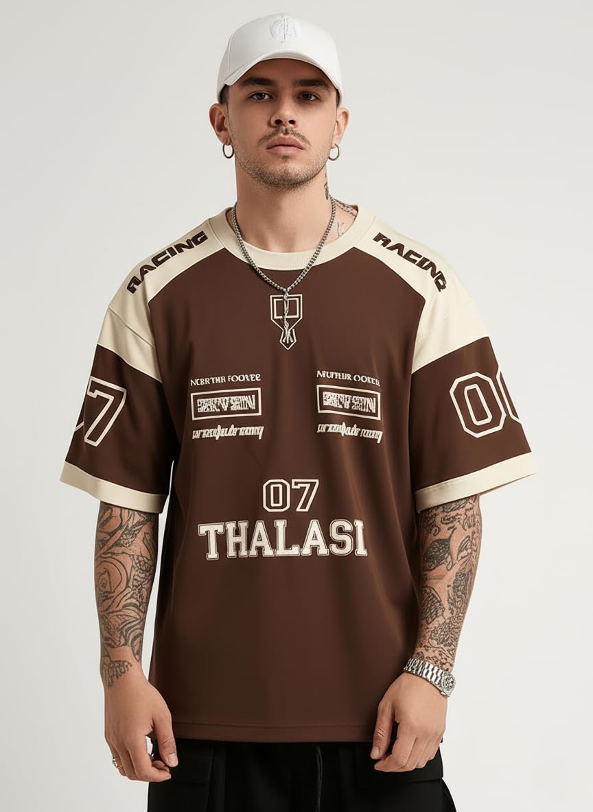 THALASI Men Cotton Jersey Aesthetic Oversized T shirts for Men | Sports Jerseys T-shirts & Half Sleeve Round Neck Printed Tshirt for Mens - Down Shoulder Loose & Baggy Fit Korean T shirt for Man & Boy