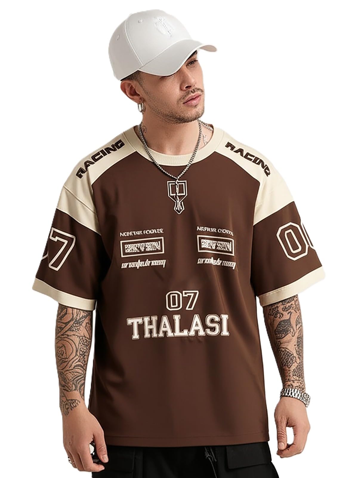 THALASI Men Cotton Jersey Aesthetic Oversized T shirts for Men | Sports Jerseys T-shirts & Half Sleeve Round Neck Printed Tshirt for Mens - Down Shoulder Loose & Baggy Fit Korean T shirt for Man & Boy