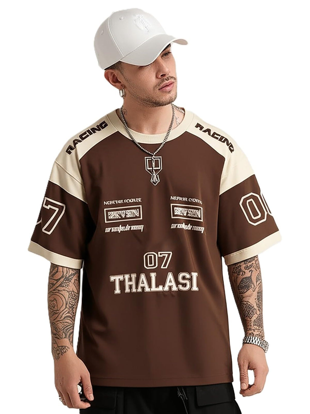 THALASI Men Cotton Jersey Aesthetic Oversized T shirts for Men | Sports Jerseys T-shirts & Half Sleeve Round Neck Printed Tshirt for Mens - Down Shoulder Loose & Baggy Fit Korean T shirt for Man & Boy