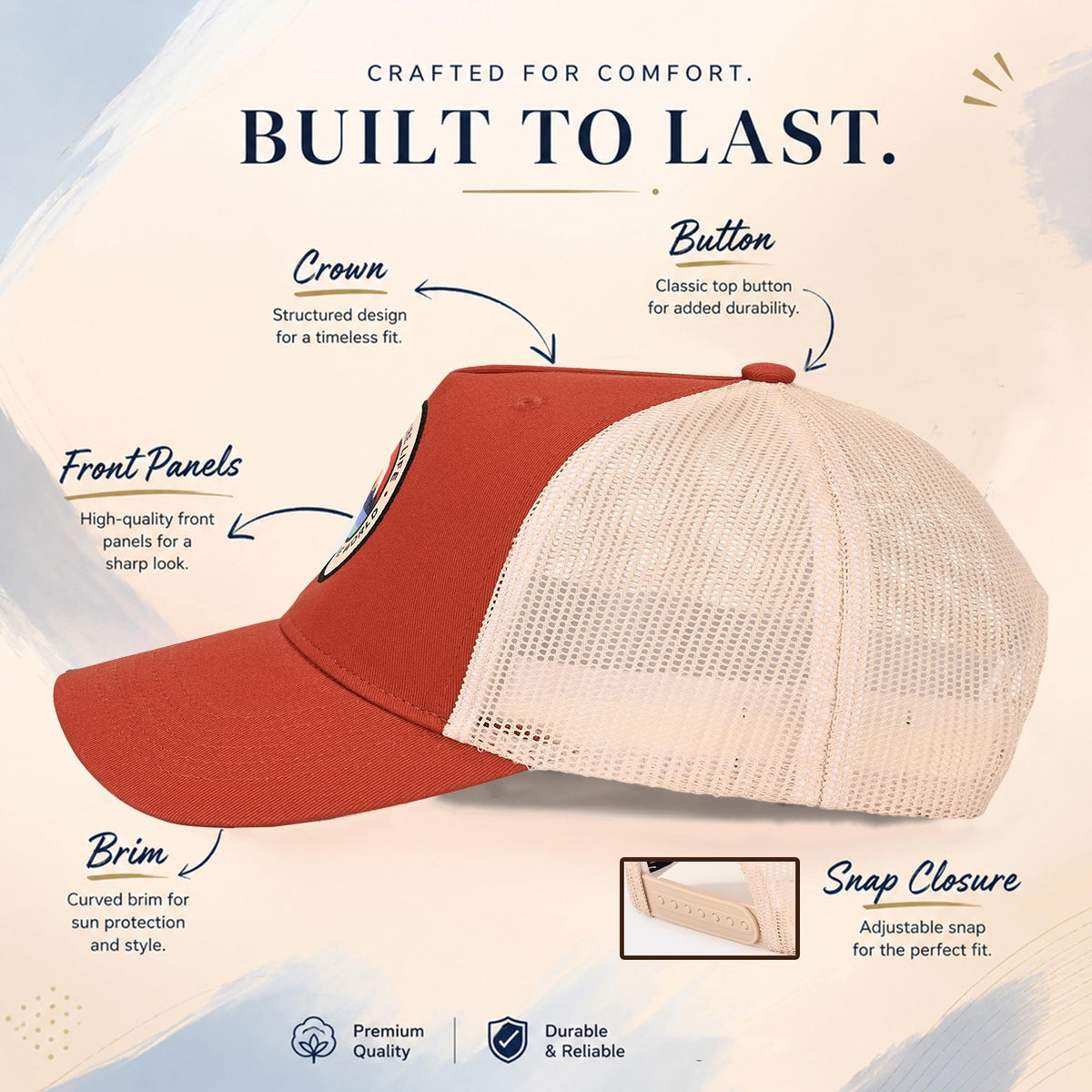Feathers Cotton Cap for Men & Women | Adjustable Unisex Trucker Hat | Cotton Twill Front & Mesh Back | Styles Caps for Men | Breathable Outdoor Running, Gym & Travel Hats