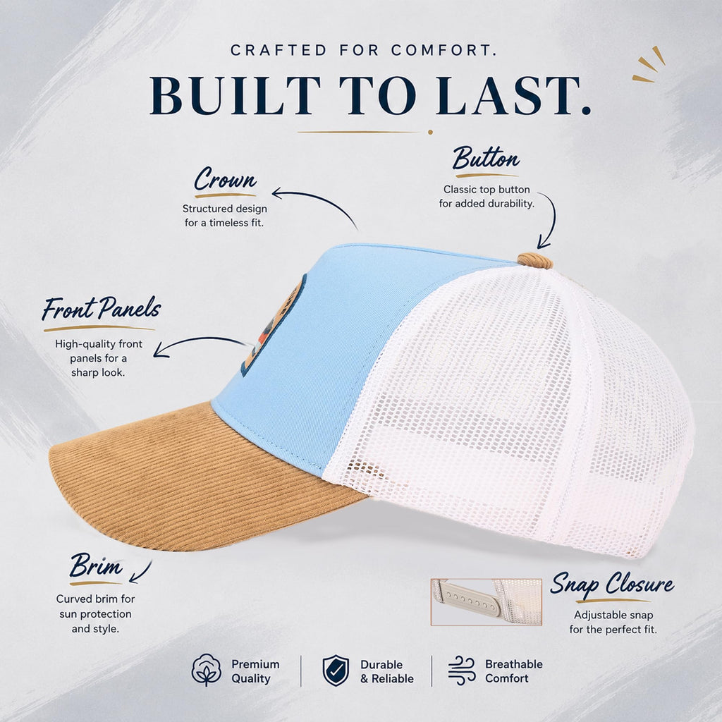 Feathers Cotton Cap for Men & Women | Adjustable Unisex Trucker Hat | Cotton Twill Front & Mesh Back | Styles Caps for Men | Breathable Outdoor Running, Gym & Travel Hats