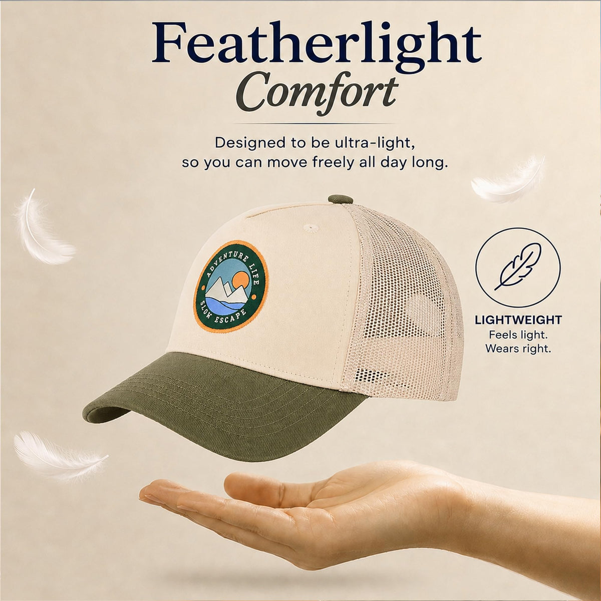 Feathers Cotton Cap for Men & Women | Adjustable Unisex Trucker Hat | Cotton Twill Front & Mesh Back | Styles Caps for Men | Breathable Outdoor Running, Gym & Travel Hats