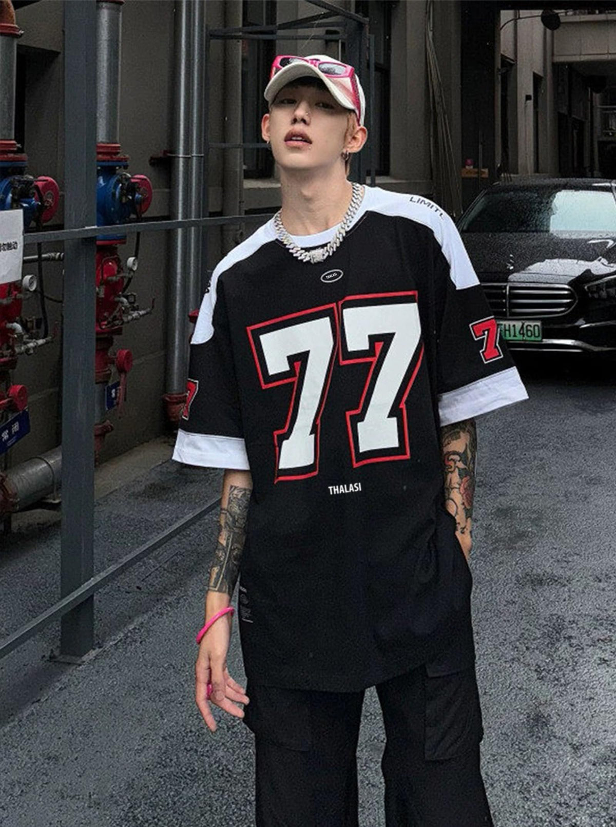THALASI Men Cotton Jersey Aesthetic Oversized T shirts for Men | Sports Jerseys T-shirts & Half Sleeve Round Neck Printed Tshirt for Mens - Down Shoulder Loose & Baggy Fit Korean T shirt for Man & Boy