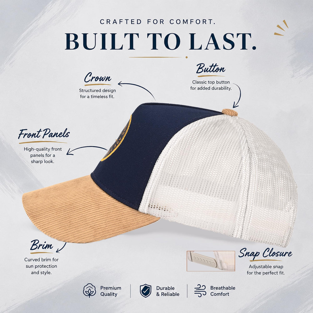 Feathers Cotton Cap for Men & Women | Adjustable Unisex Trucker Hat | Cotton Twill Front & Mesh Back | Styles Caps for Men | Breathable Outdoor Running, Gym & Travel Hats