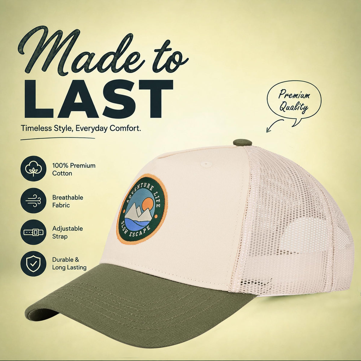 Feathers Cotton Cap for Men & Women | Adjustable Unisex Trucker Hat | Cotton Twill Front & Mesh Back | Styles Caps for Men | Breathable Outdoor Running, Gym & Travel Hats
