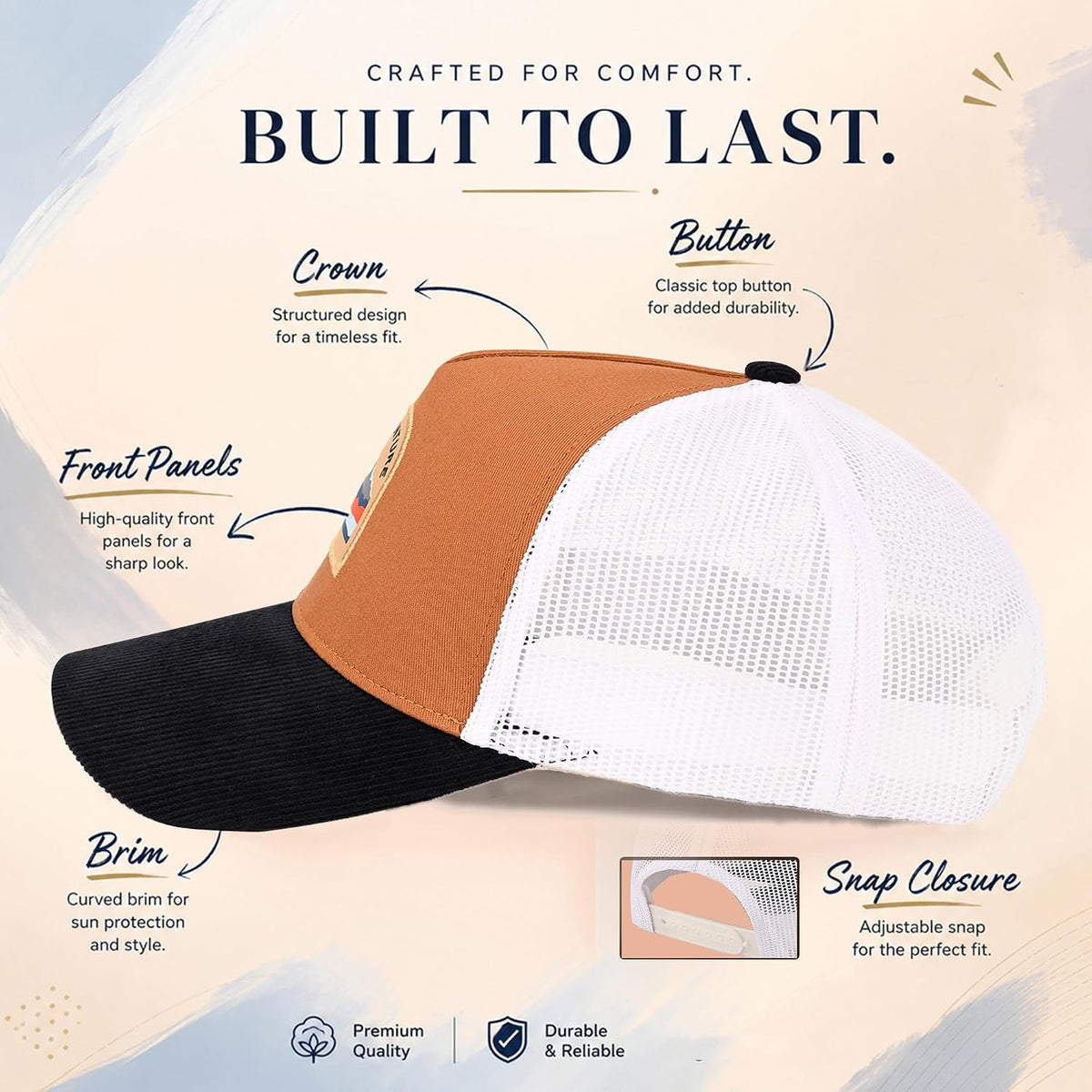 Feathers Cotton Cap for Men & Women | Adjustable Unisex Trucker Hat | Cotton Twill Front & Mesh Back | Styles Caps for Men | Breathable Outdoor Running, Gym & Travel Hats
