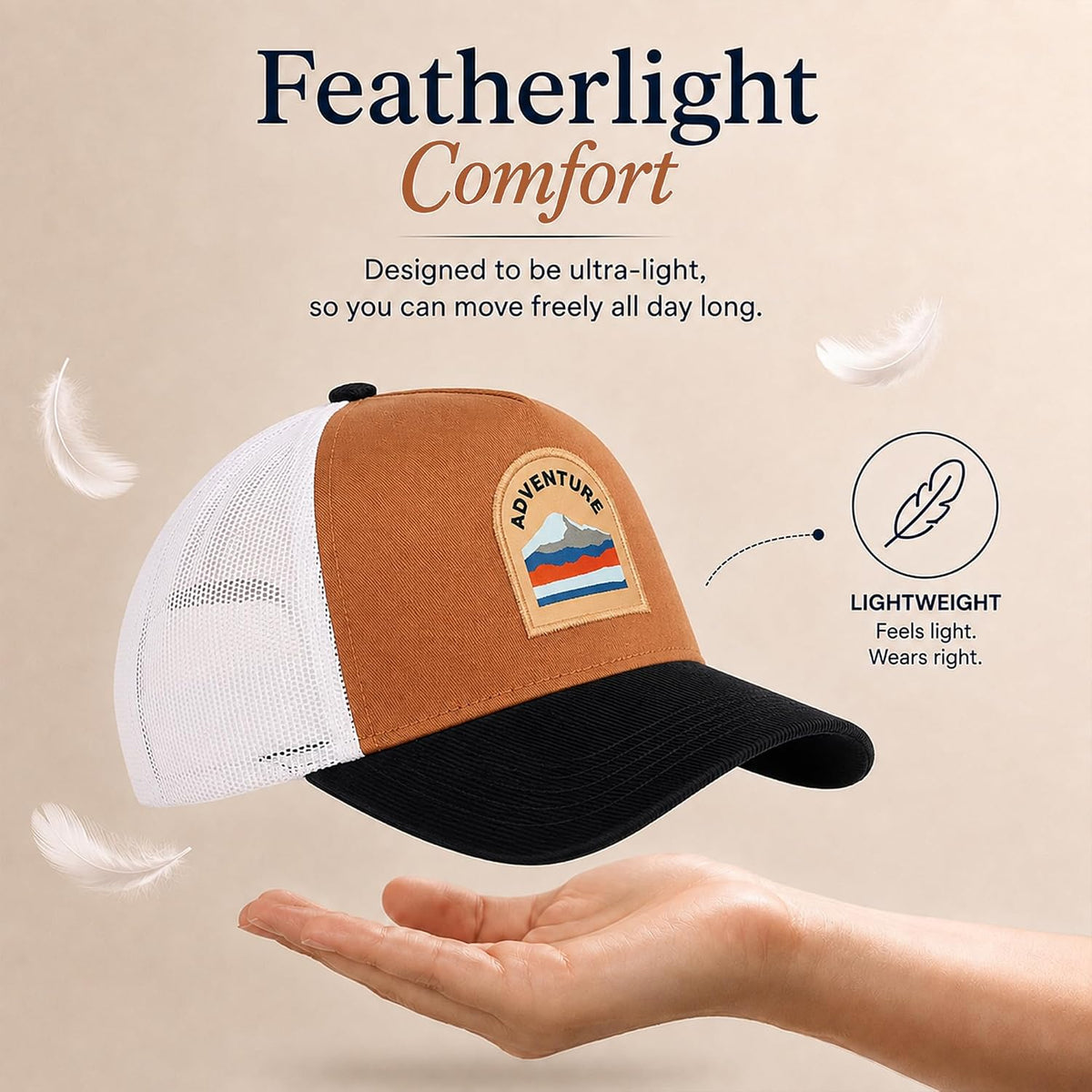 Feathers Cotton Cap for Men & Women | Adjustable Unisex Trucker Hat | Cotton Twill Front & Mesh Back | Styles Caps for Men | Breathable Outdoor Running, Gym & Travel Hats