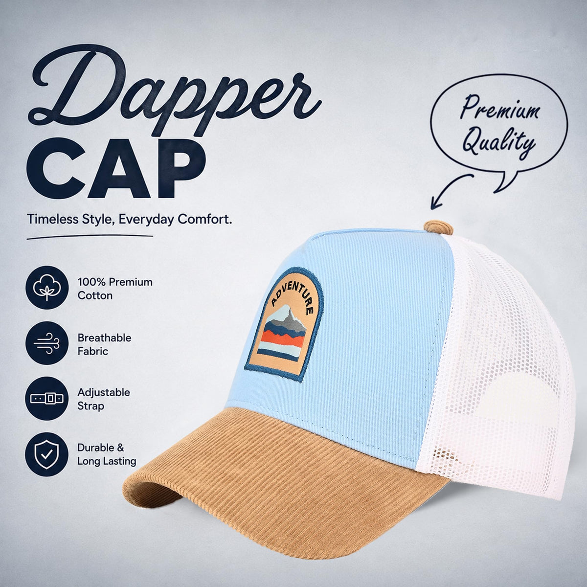 Feathers Cotton Cap for Men & Women | Adjustable Unisex Trucker Hat | Cotton Twill Front & Mesh Back | Styles Caps for Men | Breathable Outdoor Running, Gym & Travel Hats