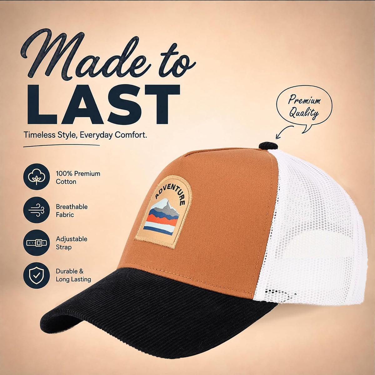 Feathers Cotton Cap for Men & Women | Adjustable Unisex Trucker Hat | Cotton Twill Front & Mesh Back | Styles Caps for Men | Breathable Outdoor Running, Gym & Travel Hats