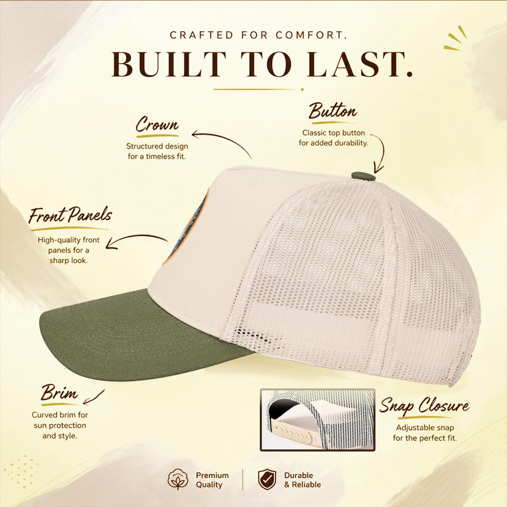 Feathers Cotton Cap for Men & Women | Adjustable Unisex Trucker Hat | Cotton Twill Front & Mesh Back | Styles Caps for Men | Breathable Outdoor Running, Gym & Travel Hats