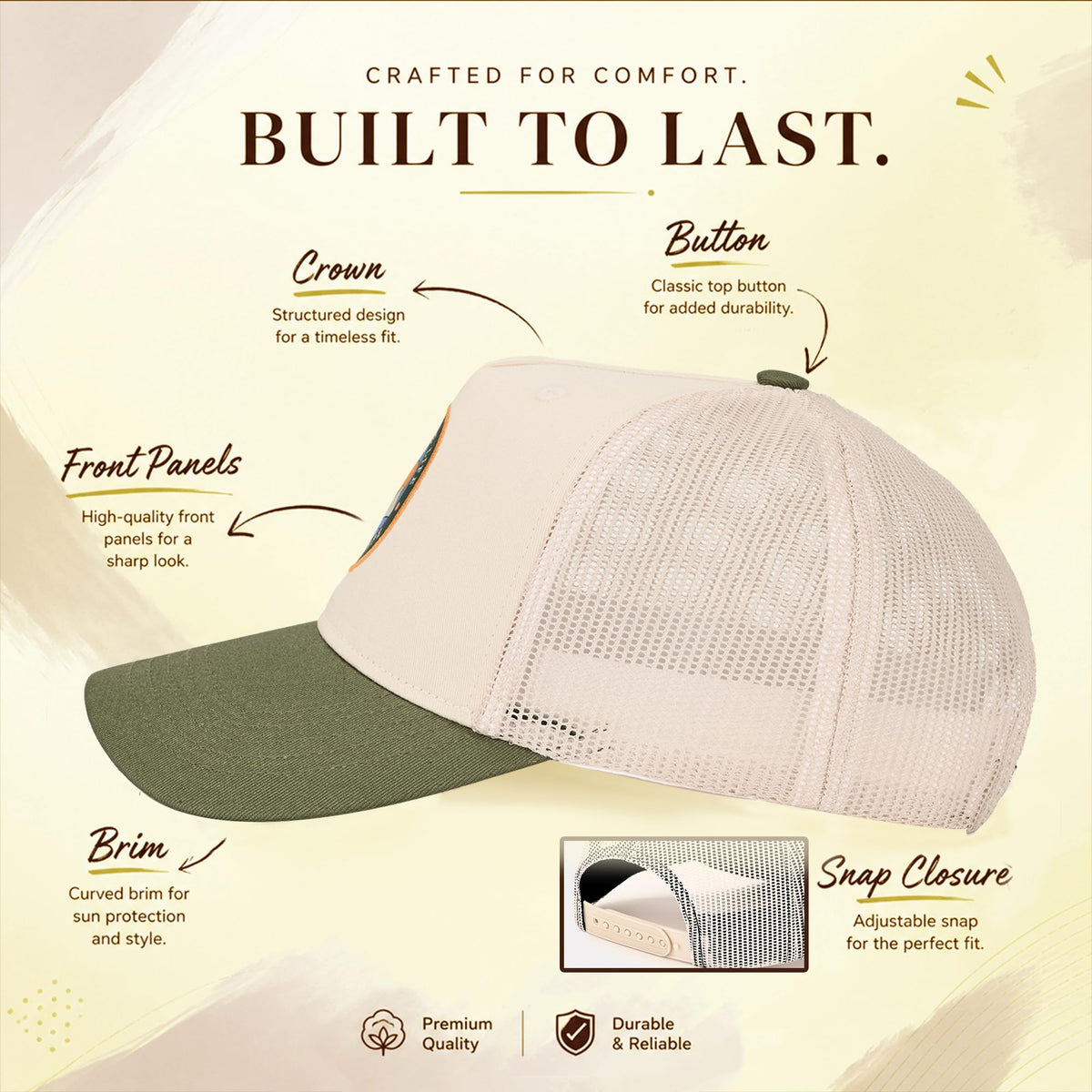 Feathers Cotton Cap for Men & Women | Adjustable Unisex Trucker Hat | Cotton Twill Front & Mesh Back | Styles Caps for Men | Breathable Outdoor Running, Gym & Travel Hats