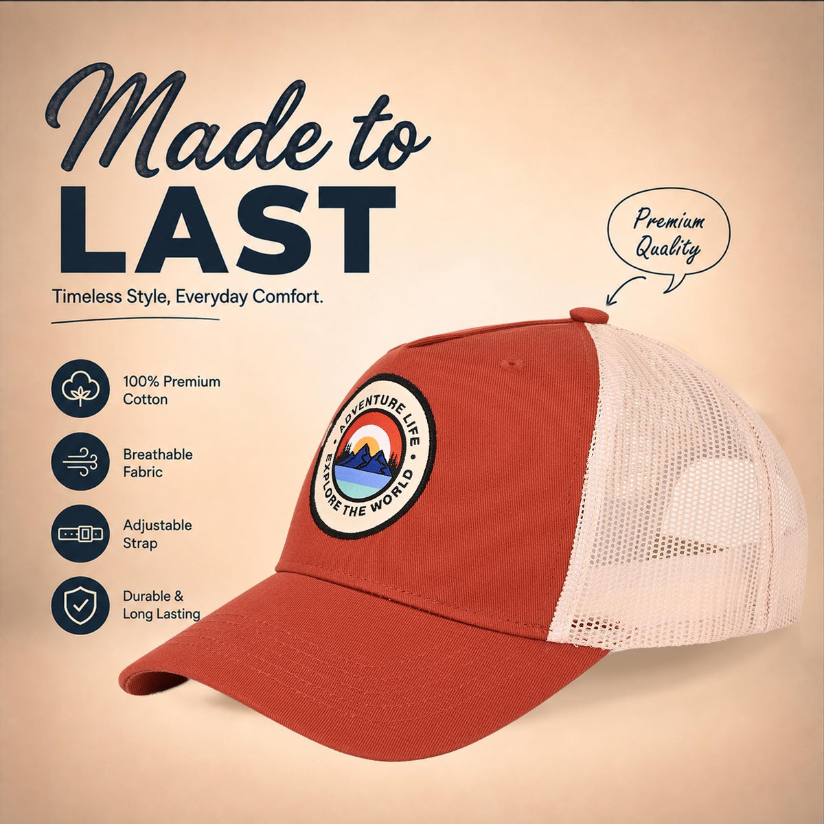 Feathers Cotton Cap for Men & Women | Adjustable Unisex Trucker Hat | Cotton Twill Front & Mesh Back | Styles Caps for Men | Breathable Outdoor Running, Gym & Travel Hats